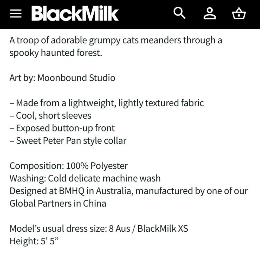 Blackmilk “Kitty Parade Cute As A Button Shirt”
Size 12 Aust/8 US NWT Cats Ghost - Picture 8 of 14